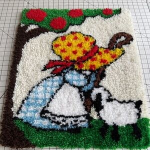 Vintage 1970s Latch Hook Wall Hanging Girl with Lamb Cottagecore Nursery Decor